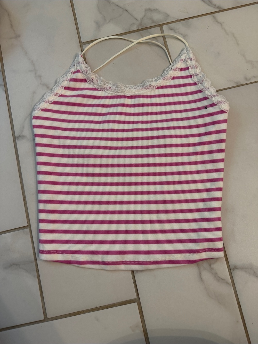 American Eagle Outfitters Pink & White Striped Lace-Trim Cami